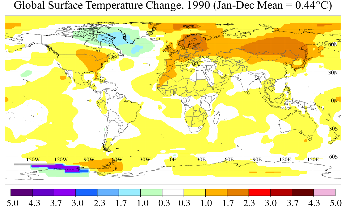Annual mean surface temperature anomaly map for 1990 relative to 1951–1980.